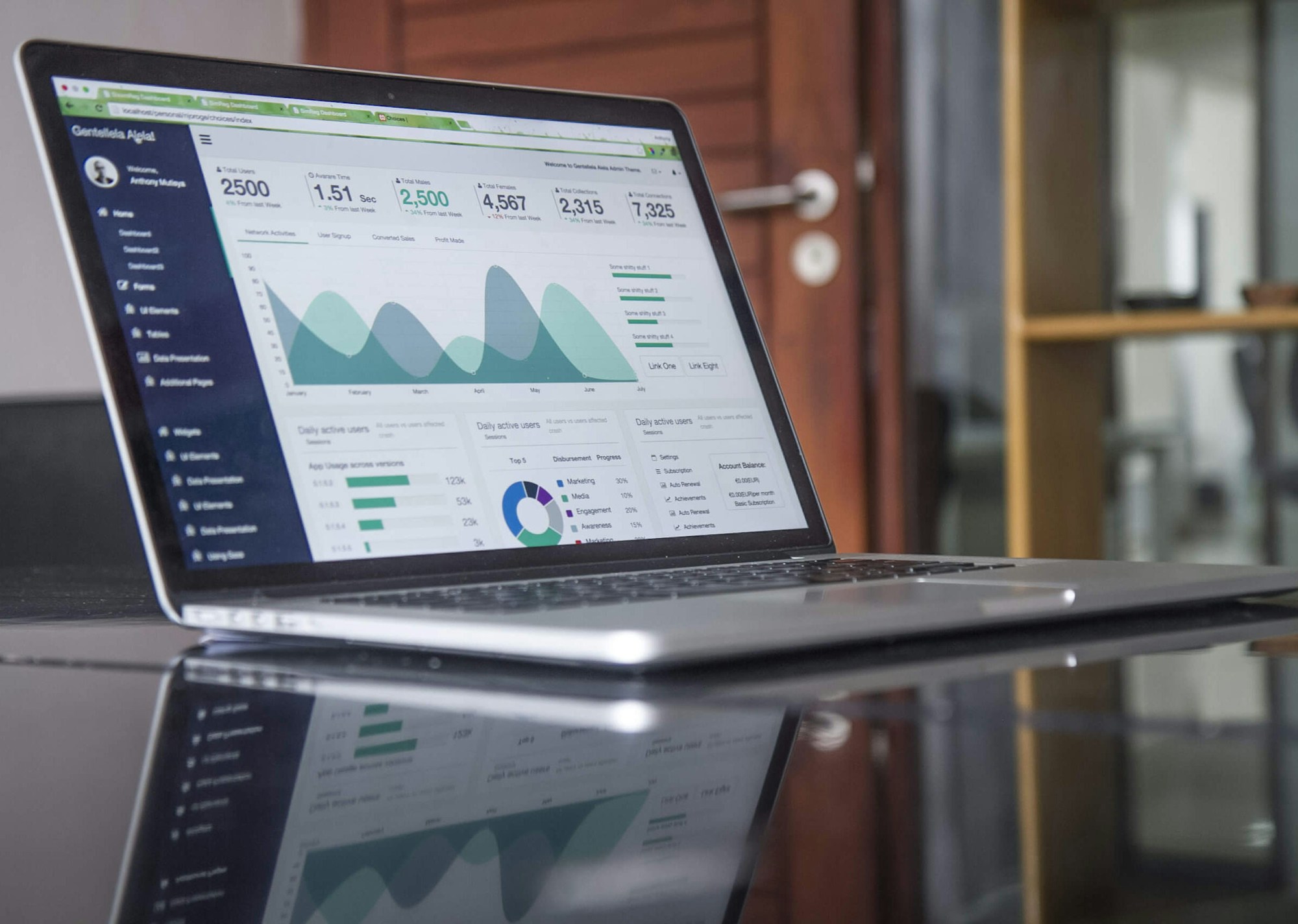 Laptop displaying an analytics dashboard on a glass-top table