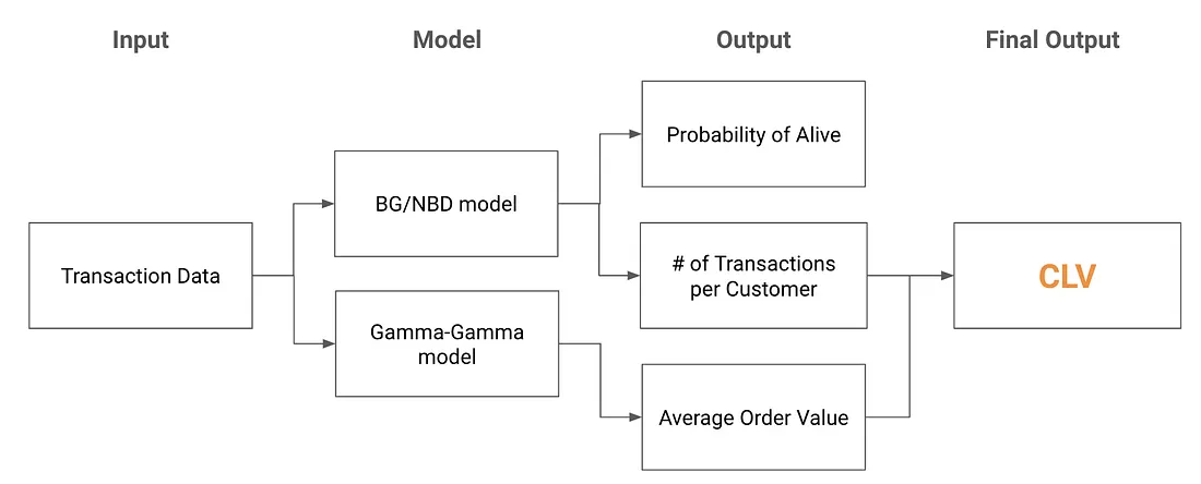 The BTYD framework: BG/NBD predicts P(alive) and future transactions, Gamma-Gamma predicts average order value. Combined, they yield CLV.