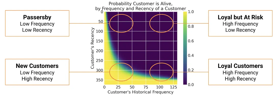 The Probability Alive matrix: x-axis is purchase frequency, y-axis is recency. Color indicates P(alive). New customers (bottom-left), loyal customers (bottom-right), at-risk (top-right), passersby (top-left).